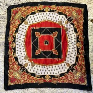 Firenze Florence Silk Scarf Black Gold Red Buckle Tassel Design Square 34" Side